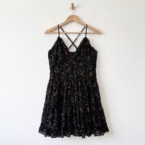 Faded Rose Black Floral Tiered Mini Dress V-Neck Ruffle Strappy Large Dark Fairy